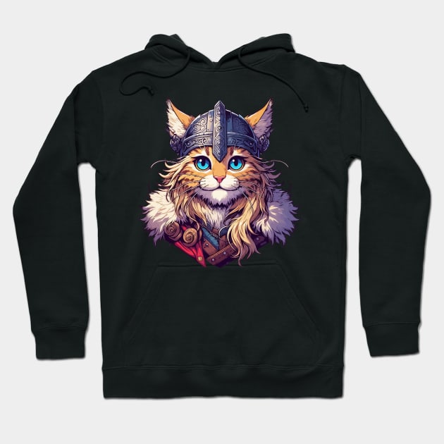 Cute Viking Warrior Cat Norse Mythology Anime Portrait Hoodie by TomFrontierArt